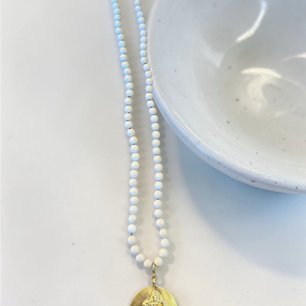 Gold Medallion Pendant Necklace with White Beaded Chain - Picture 3 of 3